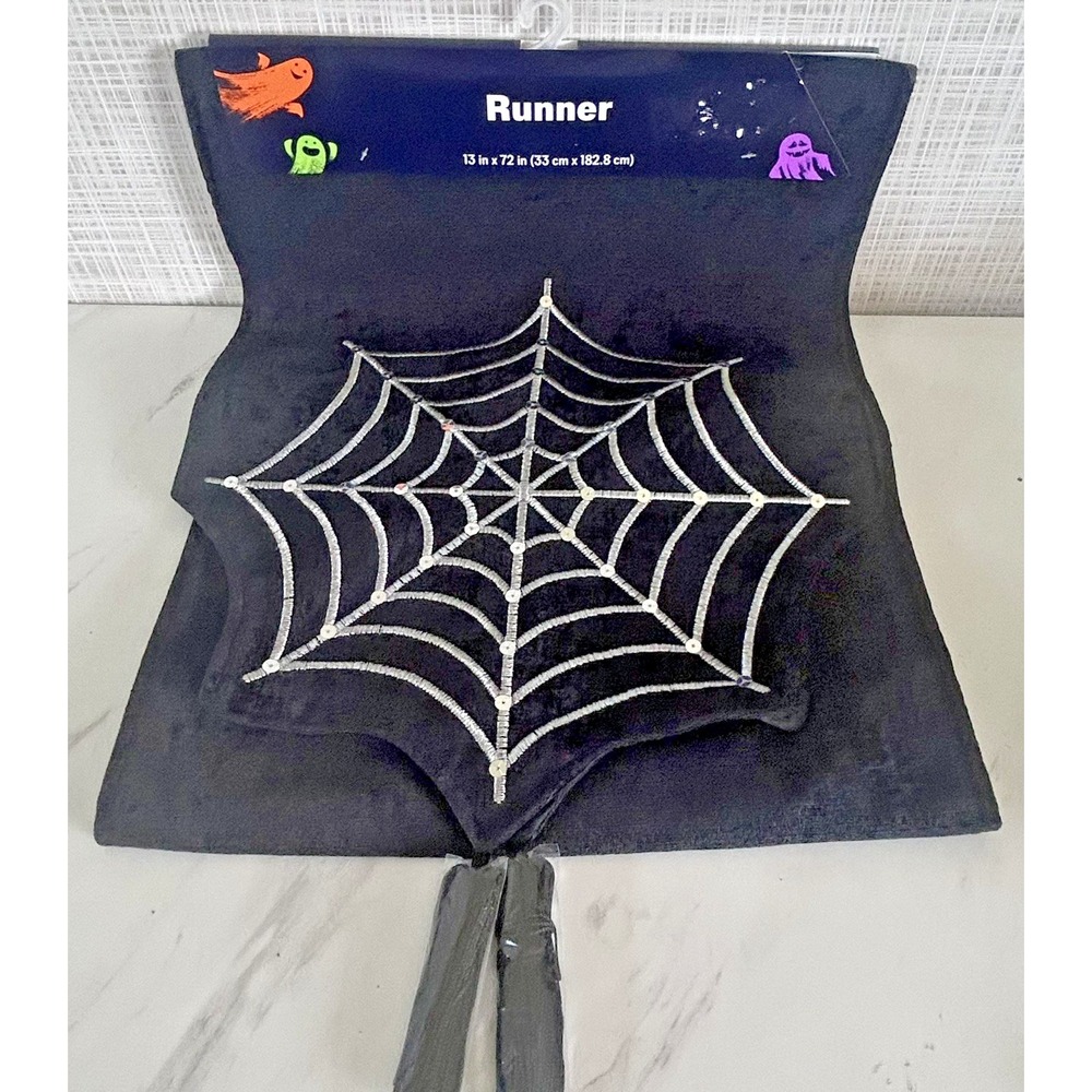 Halloween Table Runner Spider Webs Cobwebs Black Silver 72" x 13" New! BxW&AA
